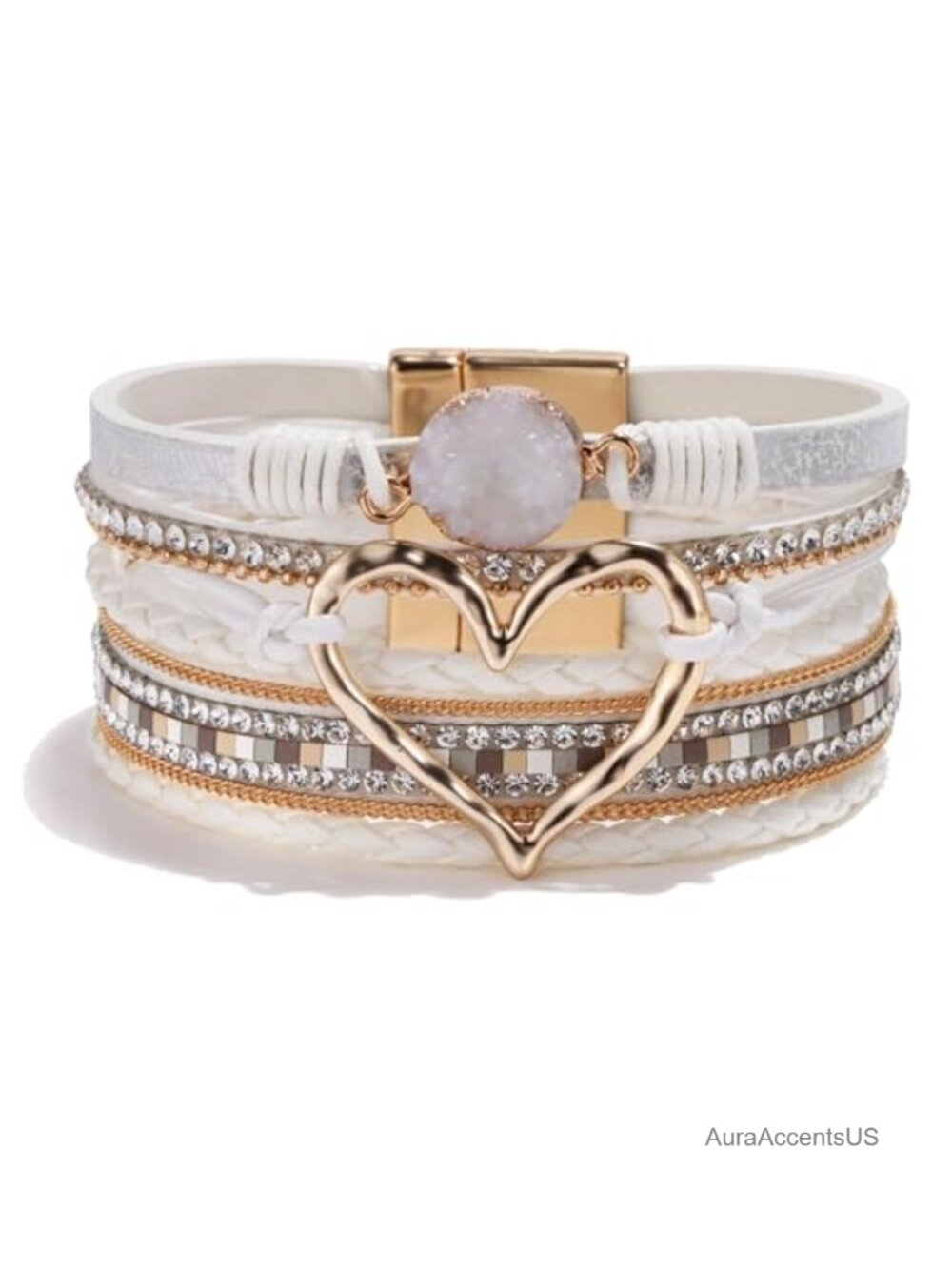 PU Leather Wrap Bracelet Heart Charm Layered Boho Bohemian Cuff for Women